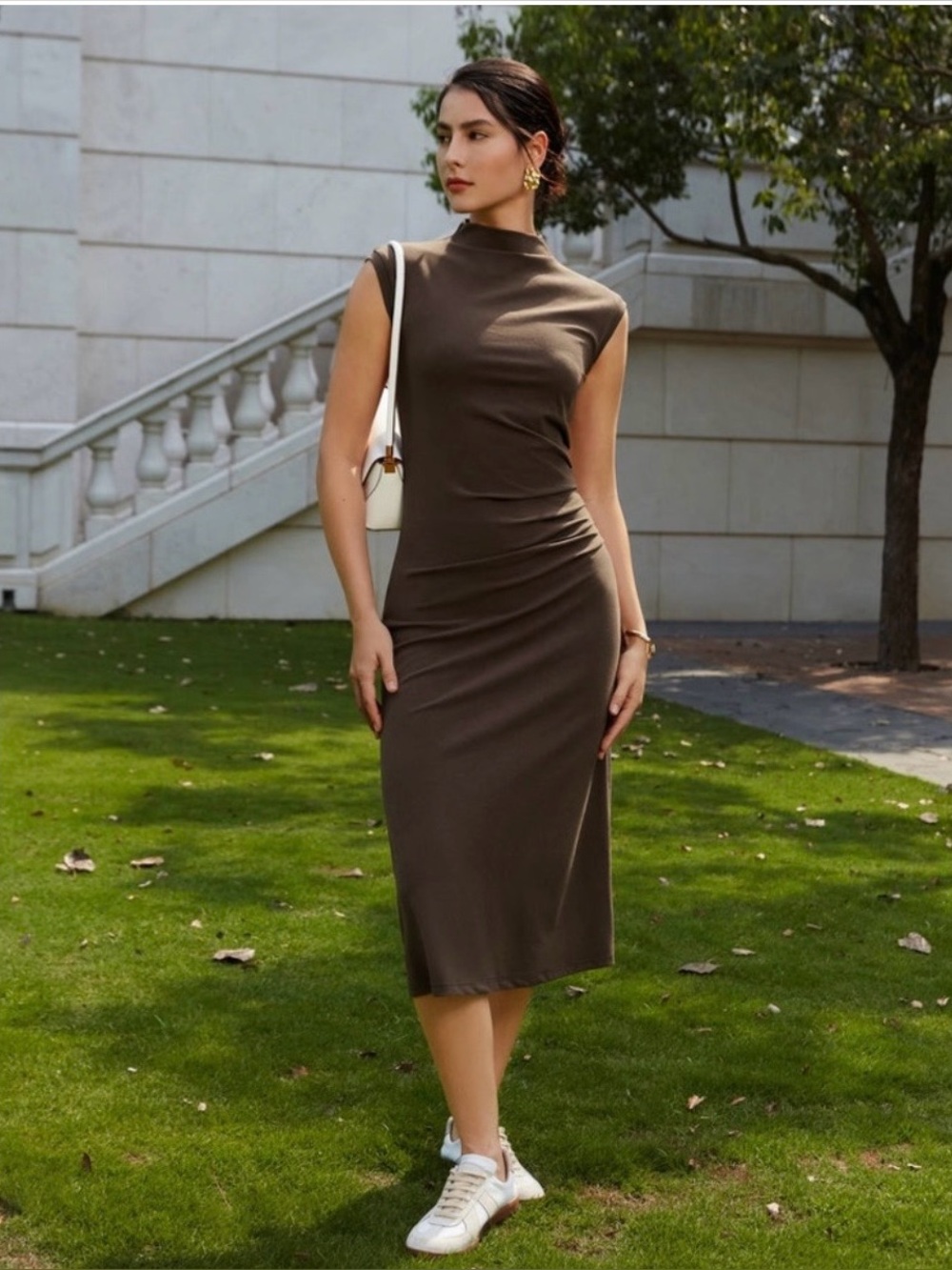 OGL Brown Sleeveless Ruched Mock-Neck Midi Dress. Stretch